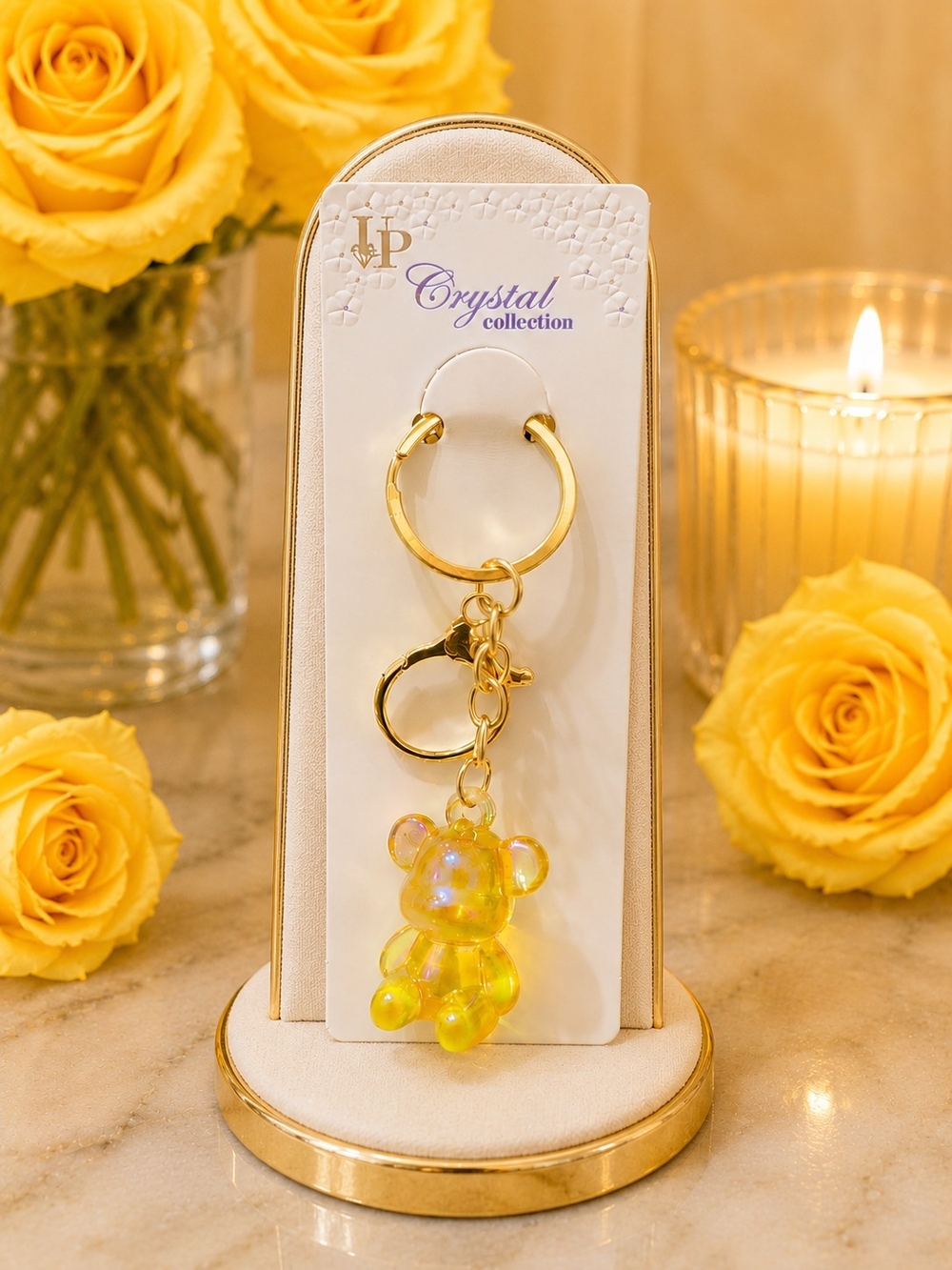 Crystal Collection Yellow Iridescent Teddy Bear Keychain